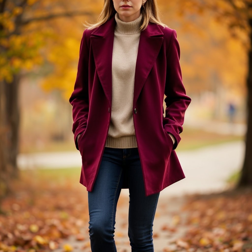 Woman in burgundy coat walking through an autumn landscape, representing fall 2024 fashion