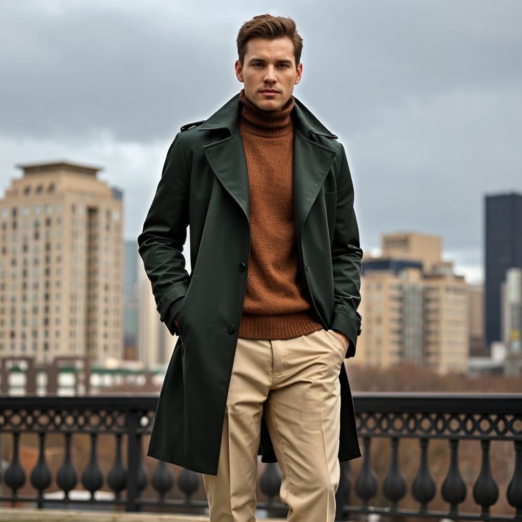 Man in dark green trench coat with beige trousers, showcasing fall 2024’s dark green hue