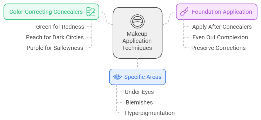 Illustration showing makeup application techniques in terms of foundation vs concealer application.