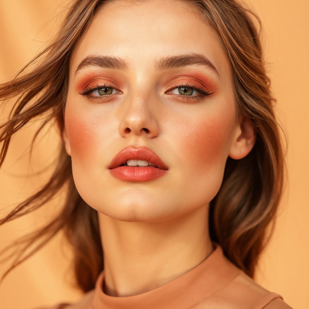 Model wearing a monochromatic terracotta makeup look with matching eyeshadow, blush, and lips, representing a 2024 beauty trend.