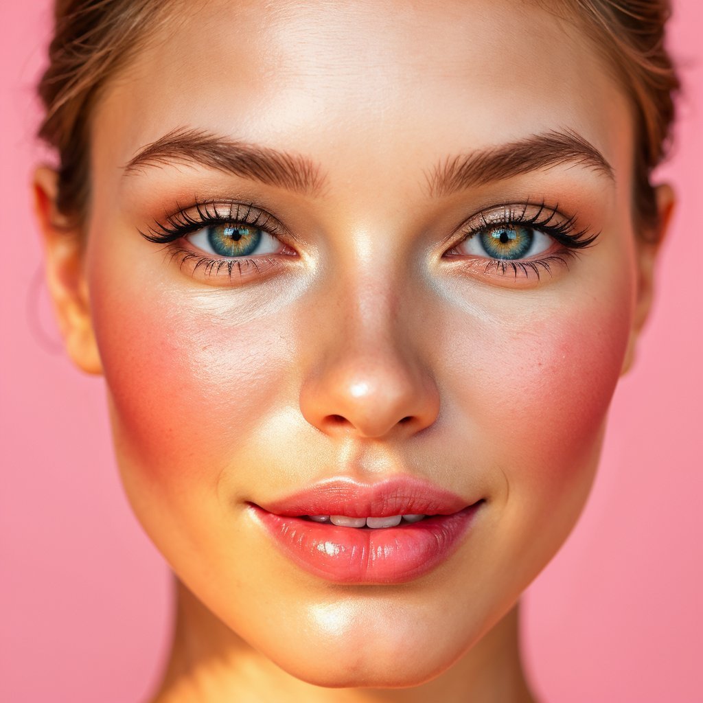 Radiant glowing face with glazed donut skin makeup, showcasing the 2024 makeup trend with a smooth and shiny complexion.