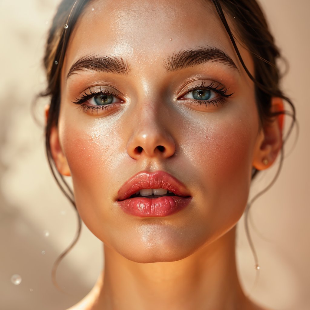 Model with glowing, dewy skin showcasing the wet skin makeup trend of 2024 for a radiant, hydrated look.