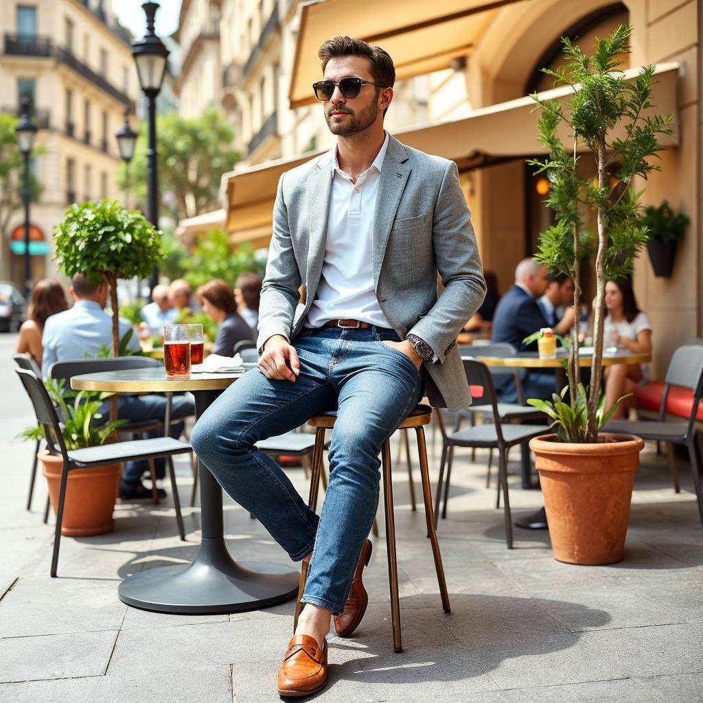 A man wearing a light gray blazer, jeans, and loafers during a Sunday brunch at an outdoor café, showcasing a relaxed yet stylish look.