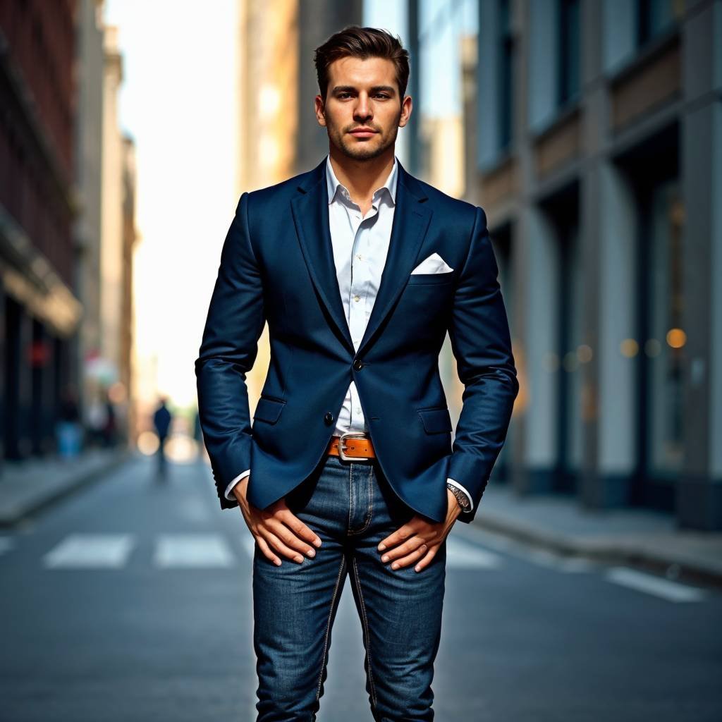 A man wearing a navy blazer with dark blue jeans and brown shoes, showcasing the perfect balance between casual and formal style.