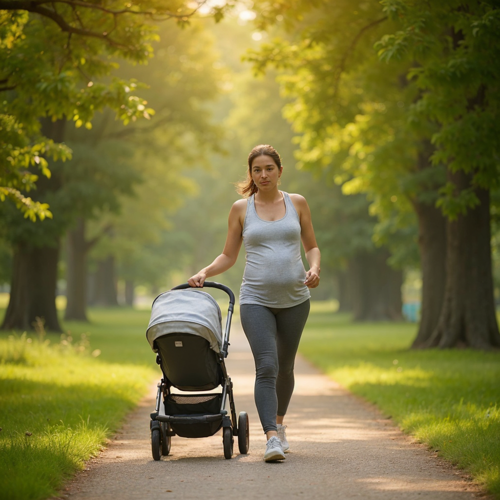 New mother walking with a stroller in a park during early postpartum recovery, focusing on gentle exercises and low-impact activities like walking.