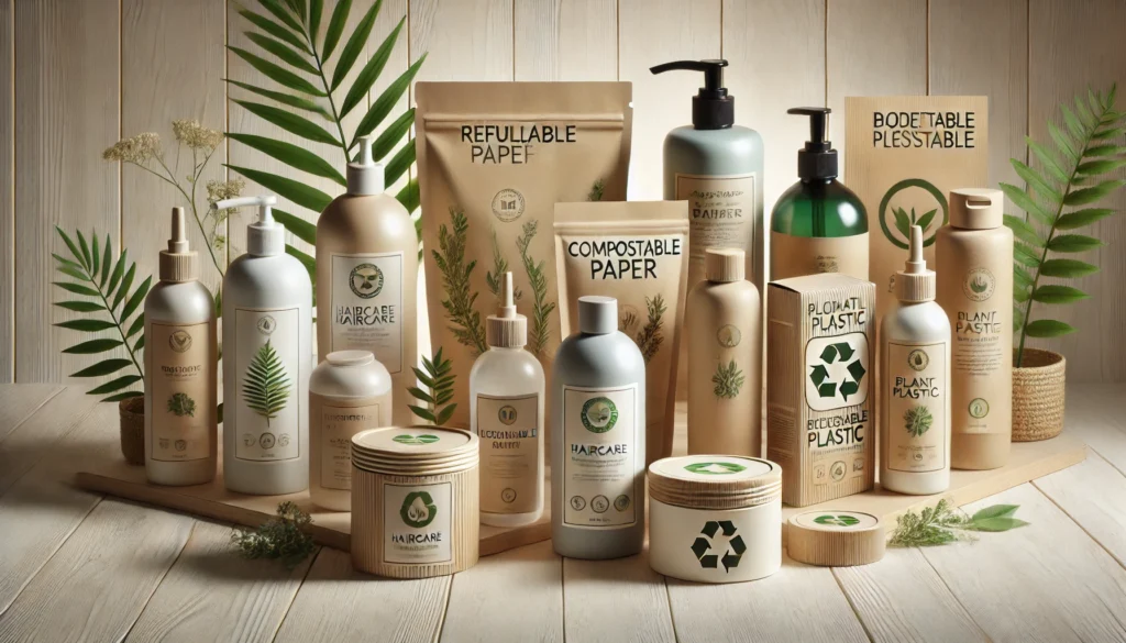 Eco-friendly haircare packaging featuring glass bottles, compostable paper, and plant-based plastics with labels indicating recyclable and biodegradable materials.