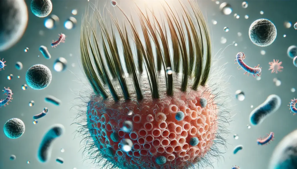 Close-up of a healthy scalp with nourished hair follicles and vibrant hair strands, representing a balanced scalp microenvironment.