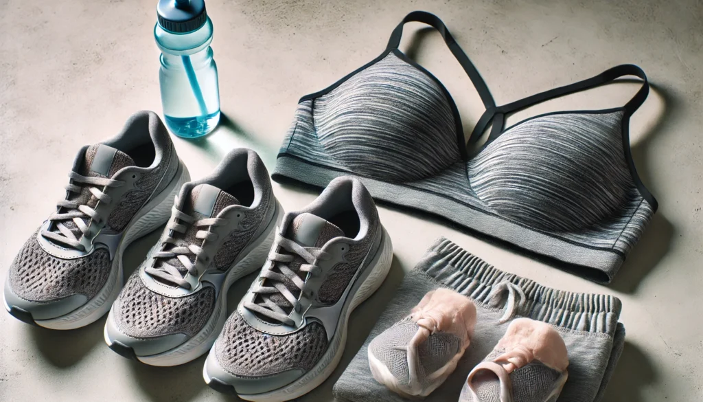 Supportive running shoes, sports bra, and water bottle for postpartum mothers preparing to resume running after childbirth.