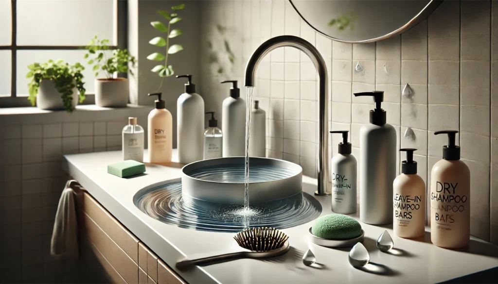 Water conservation in haircare featuring waterless shampoo bars, dry shampoos, and leave-in conditioners in a modern bathroom setting, promoting sustainable beauty practices