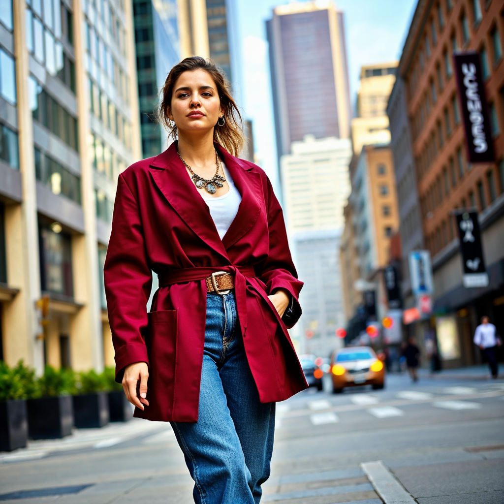 A woman in a burgundy belted blazer and baggy jeans walking down a city street, exuding a contemporary and relaxed style.