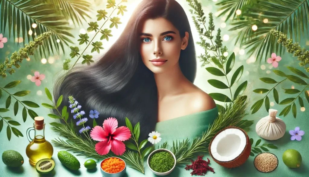 Woman with long, shiny hair surrounded by natural botanical ingredients like amla, rosemary, hibiscus, and coconut oil, highlighting the power of botanical hair care for healthy, vibrant hair.