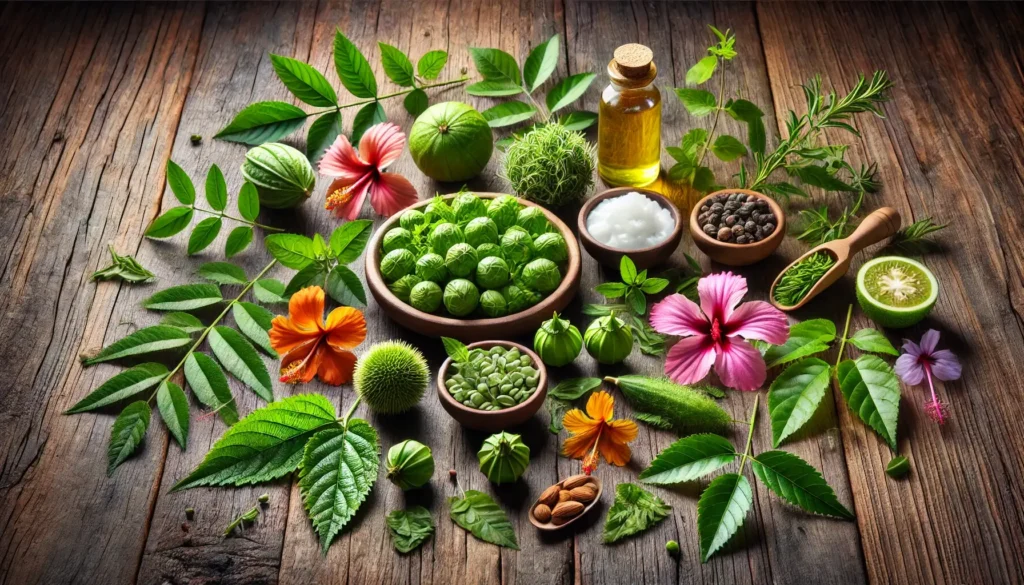 A variety of botanical ingredients for natural hair care, including amla, bhringraj, hibiscus, neem, rosemary, and carrier oils like coconut and almond oil.