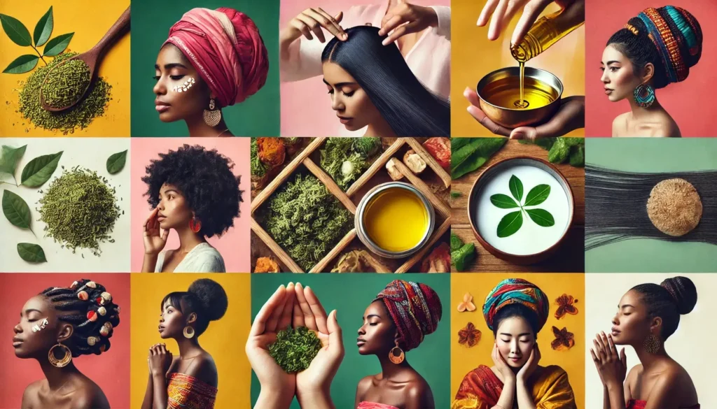 A diverse group of people from different cultures performing natural hair care rituals using Ayurvedic, African, and Asian hair treatments.