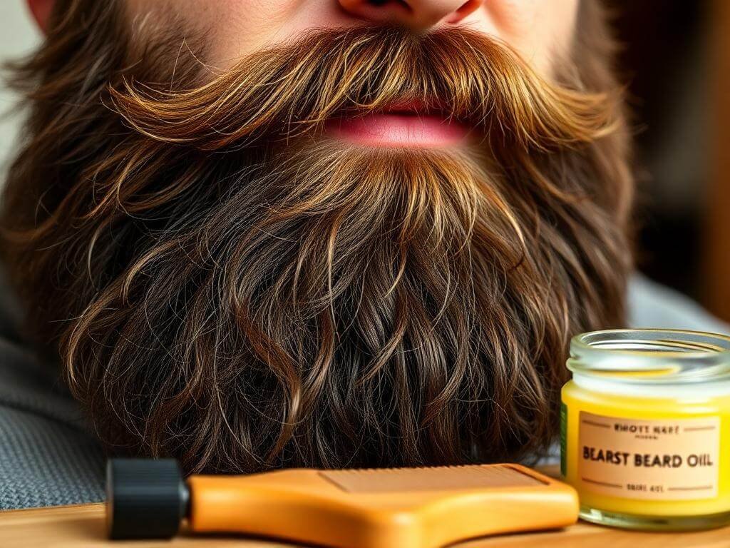 Close-up of a full, healthy beard with natural grooming products like oil, balm, and comb.